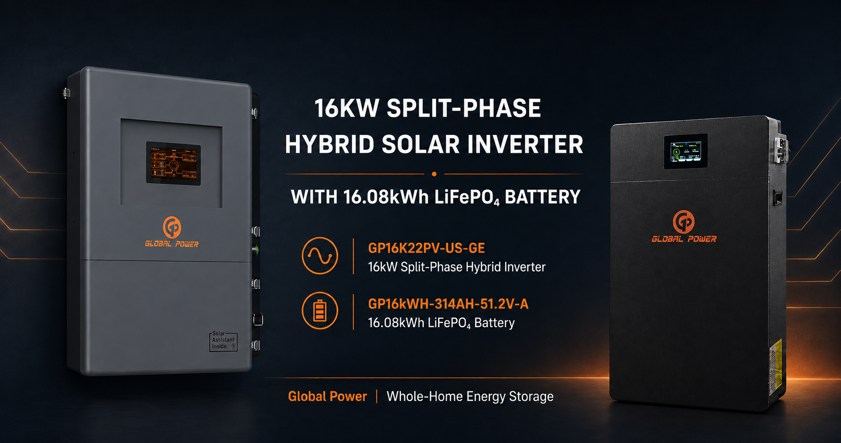 Global Power 16kW split-phase hybrid solar inverter with a 16.08kWh LiFePO4 battery